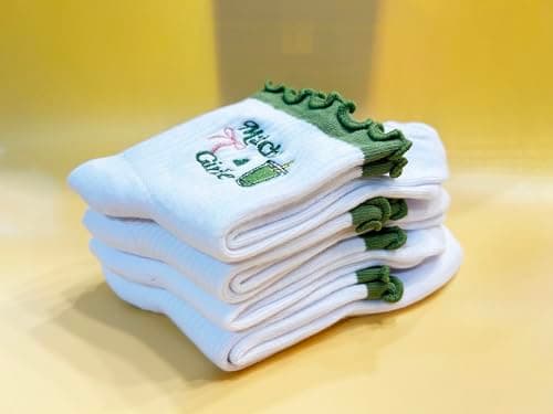 Puedizux Women Cute Pilates Socks Grip Crew Yoga Socks Ruffle Cuff Embroidery Ballet Socks - Thumbnail 5