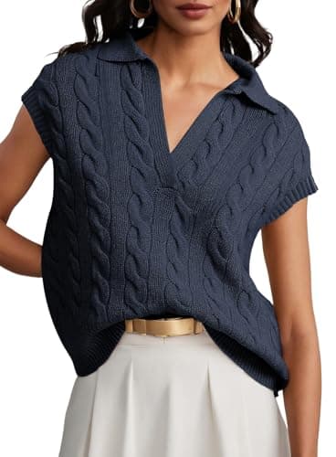 Dokotoo Vest Tops for Women V Neck Lapel Collar Cable Knit Women Vest Cable Knit Womens Vest Top 2025 Trendy Blue Small - Thumbnail 2