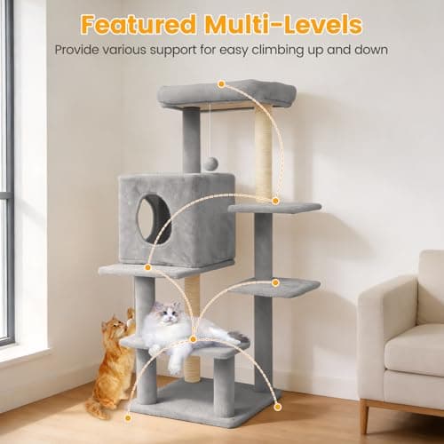 FURFAST 6-Tier Cat Tree Tower, 40 Inch Multi-Level Small Cat Tree for Indoor Cats, Sturdy Cat Tower for Large Cats with Cat Scratching Post, Cat Condo, Plush Toy, Compact Play House (Light Grey) - Thumbnail 2
