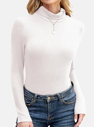 GKBK Women's Turtleneck Sweaters Long Sleeve Ribbed Basic Tees Shirts Lightweight Thermal Underwear Warm Layering Tops Fall Outfits 2025 Trendy White - Thumbnail 2