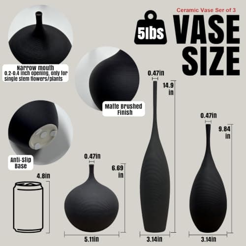 DecoVlog Black Ceramic Vases Set of 3, Modern Boho Vases for Centerpiece Decor, Matte Minimalist Decorative Vases for Home Decor, Living Room, Bookshelf, and Entryway Table Decor - Thumbnail 2