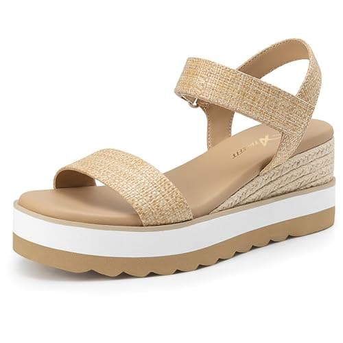 Athlefit Espadrille Wedge Sandals for Women, Open Toe Ankle Strap Low Wedge Heel Platform Sandals for Summer, Raffia Size11, SAPS2617W - Image 1