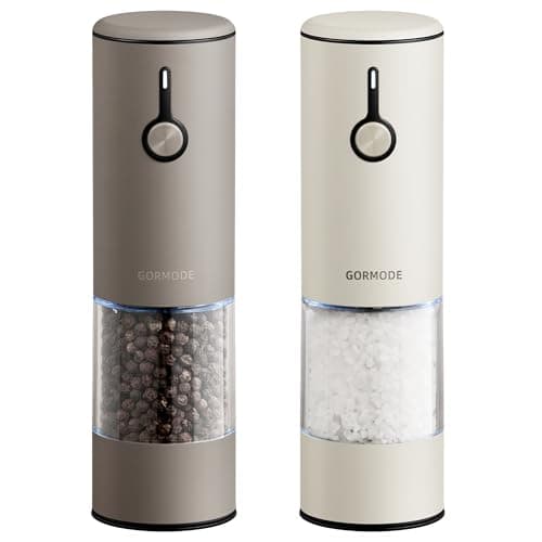 Stainless Steel Rechargeable Electric Salt and Pepper Grinder Set – USB Charging, One-Hand Electric Mill, Adjustable Coarseness, LED Light & Dust Cover –2pack(Greige & Buttercream)