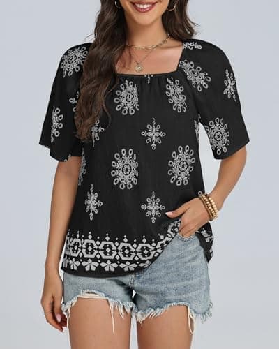 IEEILULU Womens Summer Boho Tops Floral Print Square Collar Loose Fit Blouses Tunic Casual Beach Vacation Shirts Black White XXL - Thumbnail 3