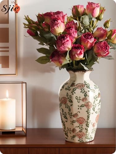SJIE Vintage Ceramic Vase - 9 Inch Hand-Painted Roses with Ice Crackle Glaze Finish, American Farmhouse Style Pitcher Vase for Home Decor, Centerpiece, Shelf, Table, Office, Rustic Wedding Gift - Thumbnail 5