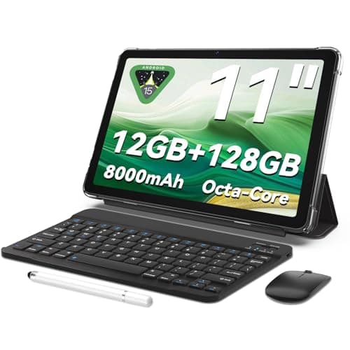 Tablet 11 inch Android 15 Tablets | Octa-core | 12GB RAM+128GB ROM | 8000mAh Tablet with Keyboard | Mouse | Case | Dual Band WiFi | BT 5.0 | GPS | 13 MP Dual Camera (Blue with Keyboard) (Black) - Image 1