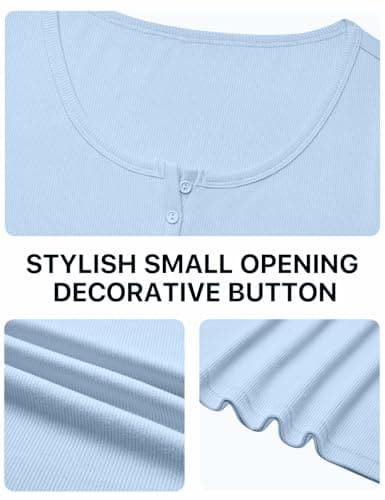 Henley Shirts for Women Ribbed Short Sleeve Tops Button Up Scoop Neck Tops Summer 2026 Casual Slim Fitted Tops Basic Blouse (Light Blue, Large) - Thumbnail 6
