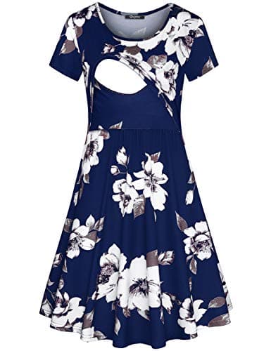 Quinee Maternity Dresses for Special Occasions, Mother Crew Neck Casual Clothes for Pregnancy Women Mid Length Post Partum Tunic Nursing Dresses for Breastfeeding Blue Floral XXL - Image 1