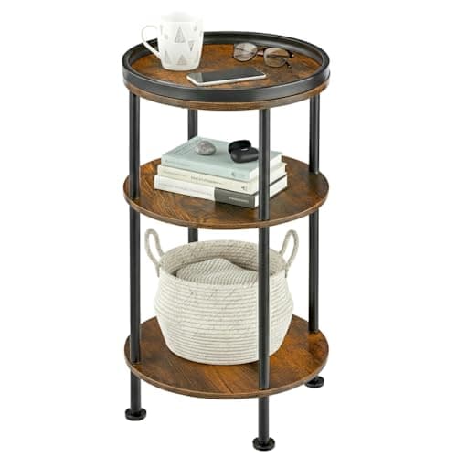 Small Round Side Table with Tray Top (Patented Design), 11.8" Narrow End Table for Small Spaces, 3-Tier Industrial Nightstand, Original Rustic Accent Furniture for Living Room Bedroom, Rustic Brown - Image 1