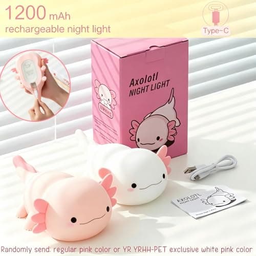 YR YRHH-PET Axolotl Lamp Kid Cute Night Light, Rechargeable Squishy Axolotl Gifts for Girls, Baby Touch Nightlight, Dimmable Silicone LED Animal Toys, Bedside Pink Lamp, College Nursery Kawaii Décor - Thumbnail 6