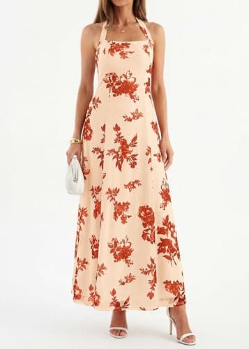 KIRUNDO Women's Summer Sleeveless Halter Floral Maxi Dress 2026 Beach Wedding Guest Cocktail Mesh Flowy A Line Long Sundress(Apricot, XX-Large) - Thumbnail 4