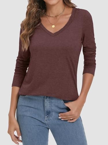 ATHMILE Womens 2026 Fall Long Sleeve Shirts Basic Apparel Shirts Trendy V Neck Tshirt for Women Curved Hem Tops Z-Wine Red - Thumbnail 2