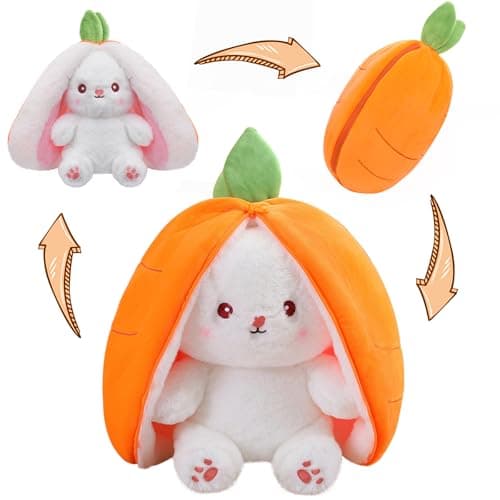 MIAODAM Reversible Carrot Bunny Stuffed Animal, Carrot Rabbit Ears Zip Plush Stuffed, Fruit Bunny Plush, Fluffy Rabbit Plushies Funny Hide Seek Bunny Toy for Girls Gifts Girlfriend
