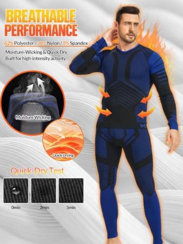 MeetHoo Mens Thermal Underwear Set Seamless Fleece Lined Base Layer Sports Long Johns Winter Gear Running Skiing Blue - Thumbnail 3