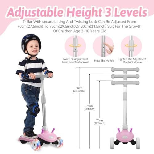 Slaypo 3 Wheel Electric Scooter for Kids Ages 2–8, LED Lighted Wheels, Extra Wide Anti-Slip Deck, 3 Adjustable Height Handlebars & Lean to Steer Technology, 80W Motor Scooter for Boys & Girls - Thumbnail 4