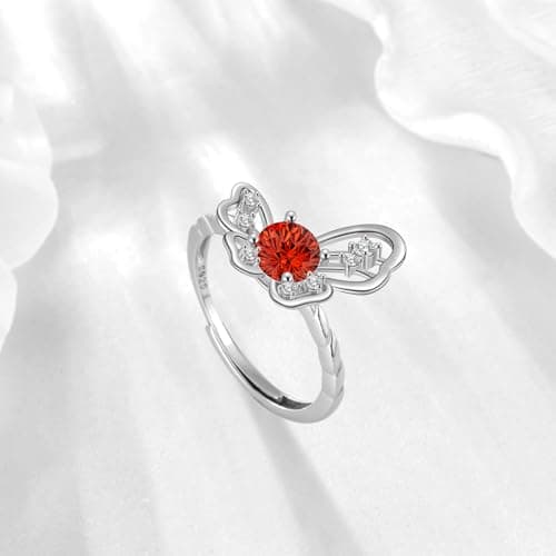 Birthstone Butterfly Opening Ring - 925 Sterling Silver Firework-Cut Cubic Zirconia January Garnet Adjustable Anniversary Engagement Promise Ring Birthday Jewelry Gift for Women Wife Daughter DR165J - Thumbnail 2