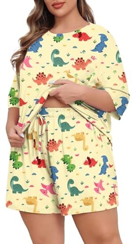 Lastshe Womens Plus Size Pajama Set 2 Piece Soft Short Sleeve with Pockets Shorts Sleepwear Knit Pjs Lounge Set Summer,Nude Animal,1X - Image 1