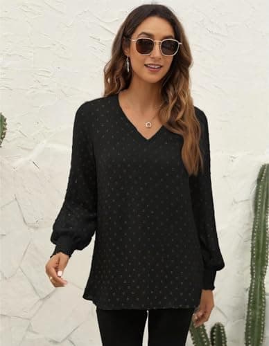 GAMISS Long Sleeve Top for Women Swiss Dot Shirt V Neck Knit Blouse Basic Shirt Black, S - Thumbnail 2