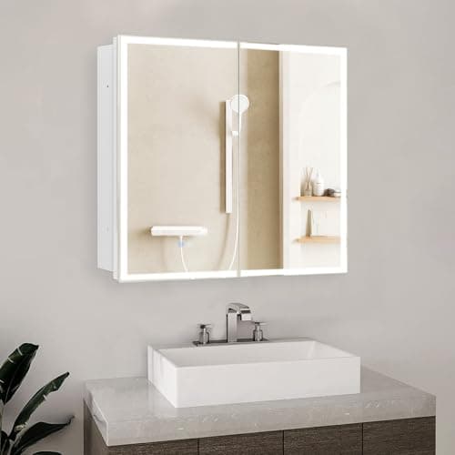 FOMAYKO 32 x 26 Inch Lighted Medicine Cabinet with 2-Side LED Mirror & Electrical Outlet, 3 Color Lights Dimmable Tempered Glass Frontlit Anti-Fog UL Listed Recessed Wall Mount for Bathroom Storage - Image 1