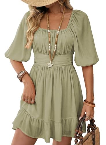 Dokotoo Womens Summer Dress Square Neck Lantern Sleeve Tie Backless Sexy Dresses Ruffle A-Line Grey Flowy Dress Shirred Elastic Waist Casual Plus Size Dresses for Wedding Guest X-Large - Image 1
