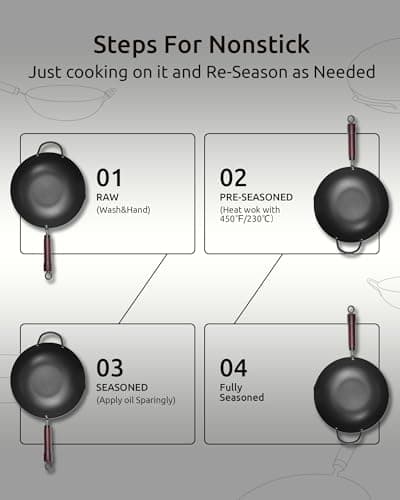 Wok Pan, Carbon Steel Wok, Woks & Stir-Fry Pans Nonstick, 13 Inch Wok Pan with Wooden Lid, Pre-Seasoned Carbon Steel Cookware, 5.8QT Flat Bottom Chinese Wok Paella Pan, Compatible with All Cooktops - Thumbnail 3