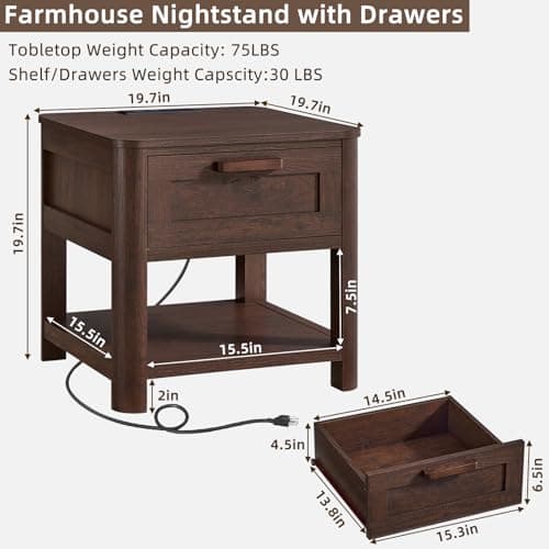 Joaxswe Farmhouse Night Stand Set of 2 with Charging Station, Walnut - Thumbnail 3