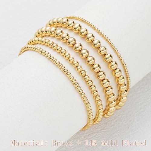 Gold Beaded Bracelets for Women, 5 Pcs Dainty 14K Gold Plated Chunky Stretch Bead Ball Bracelet Stack - Thumbnail 5