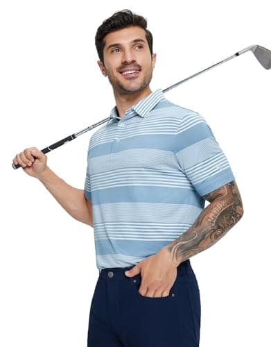 M MAELREG Mens Golf Shirt Short Sleeve Quick Dry Striped Lightweight Stretch Athletic Casual Polo Shirts for Men - Thumbnail 2