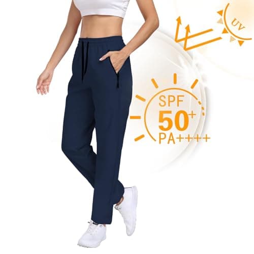 Hiking Pants Women Waterproof Quick Dry Sweatpants Zipper Pockets Elastic Waist Drawstring Lightweight UPF 50+ Cargo Work Travel Outdoor Casual Dark Blue XL - Thumbnail 5