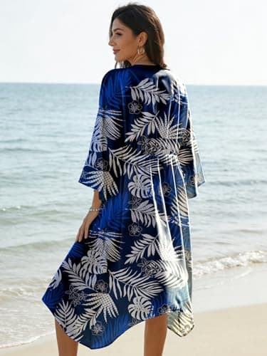 Womens Swimsuit Coverup Casual 3/4 Sleeve Cardigans Swimsuit Summer Beach Cover Ups with Tropical Prints Navy Blue - Thumbnail 3