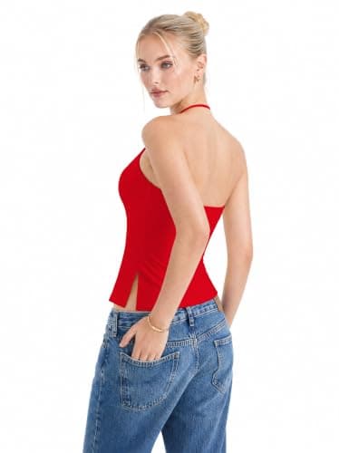 Women Halter Tank Tops Backless Sexy Summer Going Out Y2K Tops Sleeveless Double Line Camisole Crop Top Shirts(Red,Medium) - Thumbnail 5