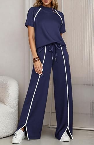 BTFBM Casual Two Piece Sets For Women Summer Outfits Solid Matching Sweatsuit Lounge Set Wide Leg Pants Workout(Navy Blue,X-Large) - Thumbnail 2