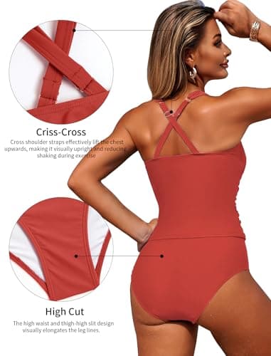 ZAFUL Swim Suit for Women 2025 Two Piece Swimsuit Womens Tankini Bathing Suits Tummy Control High Waist Swimwear for Women Coral Pink S - Thumbnail 5