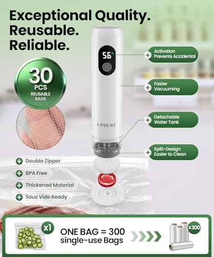 UPRUBE Compact Vacuum Sealer for Food (Vacuum Sealer Machine + 30 Reusable Vacuum Bags), Powerful Handheld Food Vacuum Sealer Machine with LED Display & Liquid Drainage Tube, Portable Food Sealer - Thumbnail 6