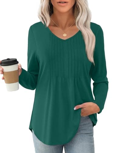 JUSTFASHIONNOW Shirts for Women Trendy Long Sleeve Tops V Neck Dressy Blouses Pleated Maternity Shirt Tunics Early Fall Fashion Christmas (Dark Green, Large) - Thumbnail 4