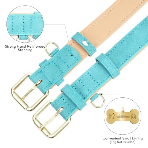 Jumpress Leather Dog Collar for Small Medium Large Dogs, Soft Padded Dog Leather Collar with Heavy Duty Gold Buckle, Durable & Comfortable for Medium Dogs Daily Walking (Teal, M) - Thumbnail 5