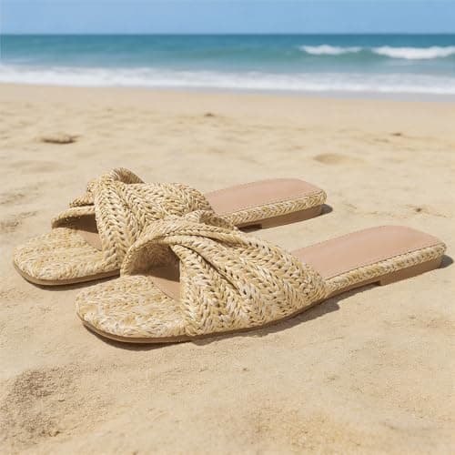 EQAUDES Women's Flats Sandals Twist Raffia Wove Mule Slides Open toe Slip-on Sandal - Summer, Dress,Vacation, Wedding, Casual, Boho, Beach - Thumbnail 6