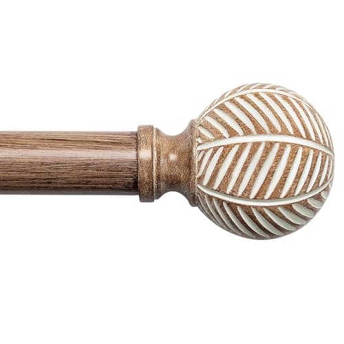 Wood Curtain Rods for Windows: 1 Inch Diameter Adjustable Heavy Duty Curtain Rod 32" to 168" with Imitation Wood Grain Leaf Pattern Finials - Image 1