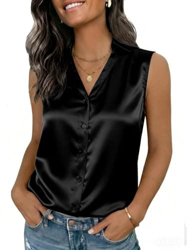 Funlingo Black Silk Tank Tops for Women Dressy Casual Sleeveless Shirts Satin V Neck Camisole Blouses Business Casual Basic Work Outfits 3XL - Image 1