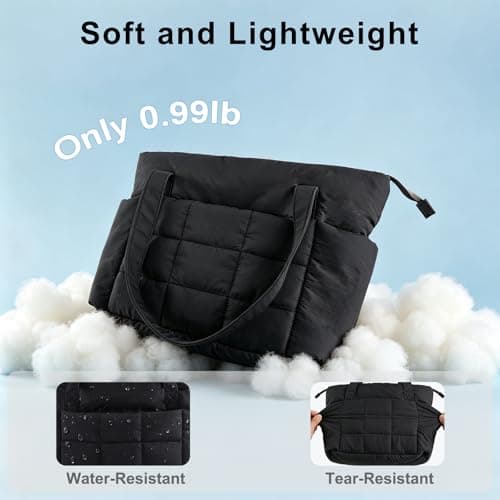 U+U Puffer Tote Bag for Women, Quilted Work Handbag with Compartments, Lightweight Puffy Shoulder Bag with Yoga Mat Strap for Daily, Travel, and Gym (Black) - Thumbnail 3