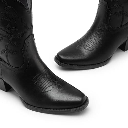 Athlefit Women's Cowboy Cowgirl Ankle Boots Square Toe Low Chunky Heel Embroidery Western Short Booties for Country Concerts Black Size 6.5, AD00764 - Thumbnail 5