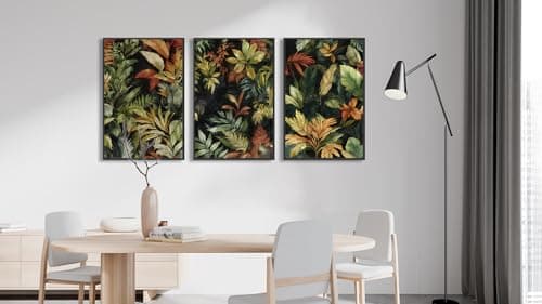 Large Framed Tropical Botanical Wall Art, Jungle Leaf Green Palm Leaf Painting Canvas Prints, Tropical Plant Artwork for Living Room Bedroom Hallway Office Home Decor 24"x36"x3Pcs - Thumbnail 4