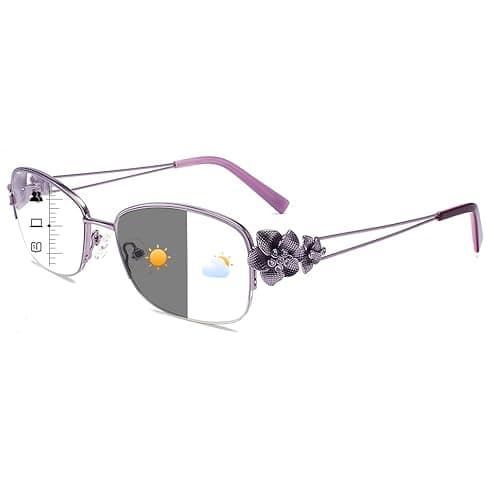 touk Photochromic Progressive Multifocal Reading Glasses for Women, Stylish Half Rim Metal Frame Anti Blue Light Sun Readers 1 Pack Purple +2.5 - Image 1