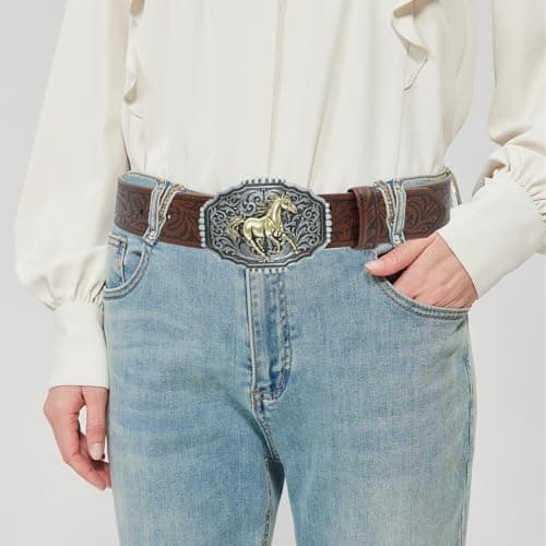 EONTISO Western Belt for Women Cowgirl Cowboy PU Leather Belts for Jeans, Floral Embossed Vintage Buckle, HorseBrown L - Thumbnail 2