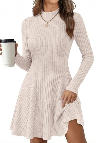 KIRUNDO Sweater Dress for Women 2026 Spring Fall Long Sleeve Mock Turtleneck A Line Fit and Flare Ribbed Knit Short Dresses(Beige, X-Large) - Image 1