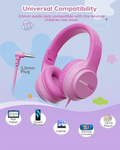 awatrue Kids Headphones, 74/85/94dB Volume Limiter, Foldable Wired Over Ear Headphones for Travel, 3.5mm Jack, Toddler Headphones for School, Chromebook, iPad, Tablet, Pink - Thumbnail 6