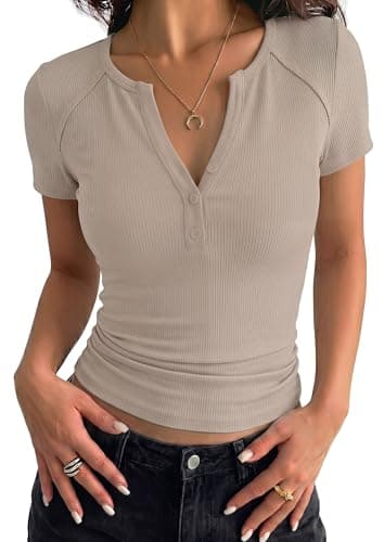 PRETTYGARDEN Womens Short Sleeve Henley Shirts 2026 Summer Trendy Ribbed Tops Fitted V Neck Button Up T Shirts Spring Blouses (Light Khaki,XX-Large) - Image 1