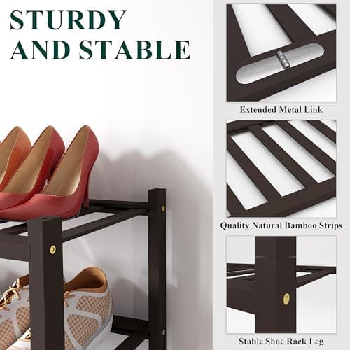 Smiry Bamboo Shoe Rack for Closet, 5 Tier Wooden Stackable Shoe Organizer, Free Standing Shoes Storage Shelf for Entryway, Front Door Entrance, Brown - Thumbnail 3