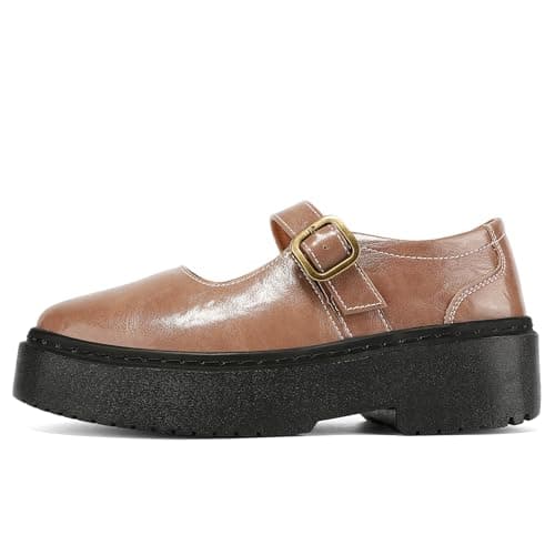 BEAUSEEN Women's Mary Jane Shoes with Platform Sole - Comfort Round Toe Strap Ballet Flats for Women - Chunky Heel Dress Flats Nude,7 US - Thumbnail 3