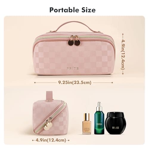 Prite Makeup Bag for Women Travel Waterproof Vegan Leather Cosmetic Bag Open Flat Toiletry Bag With Clear Divider and Handle (Plaid Pink, Medium) - Thumbnail 2